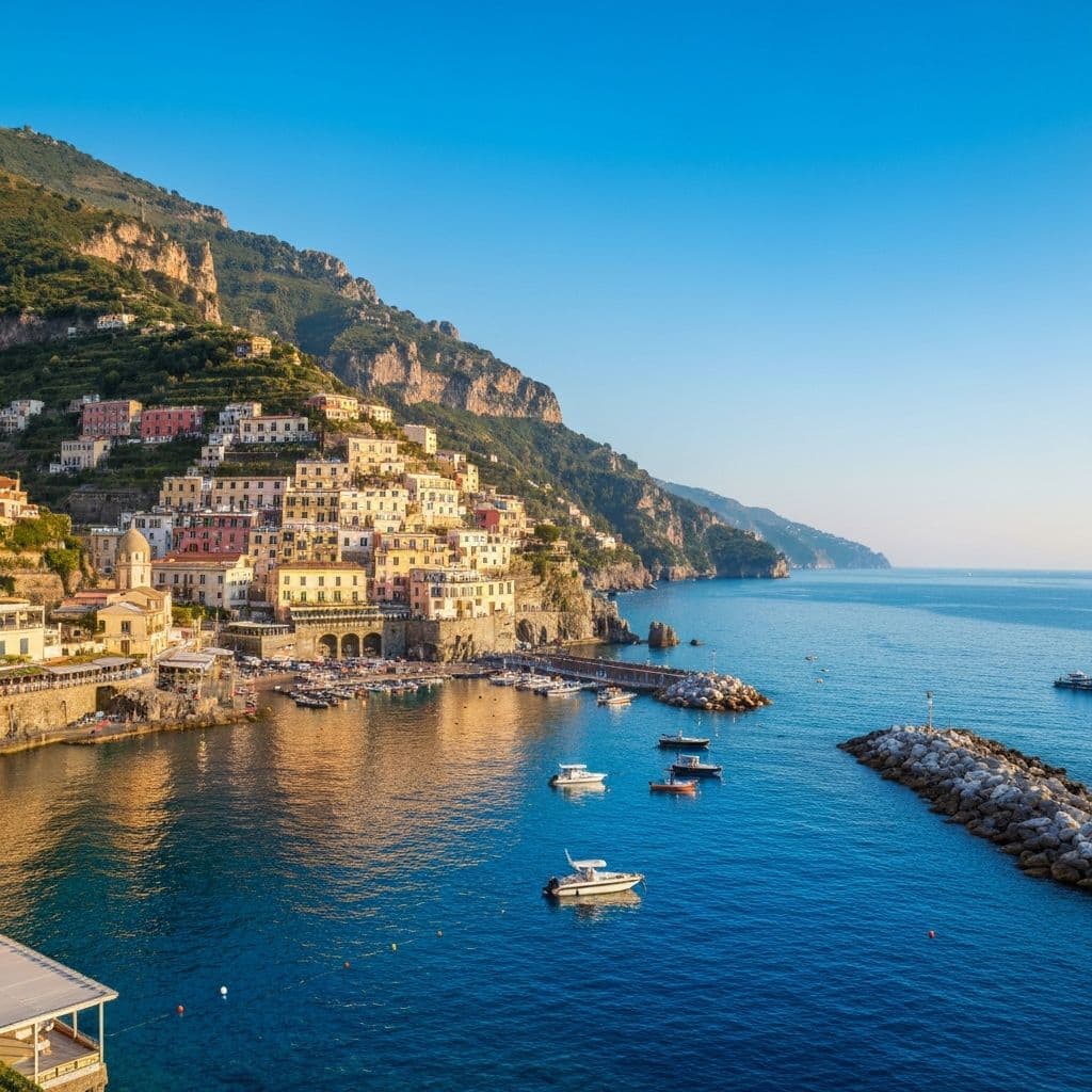 Villaggio sospeso sulla scogliera della Costiera Amalfitana al tramonto, sul mare del Mediterraneo