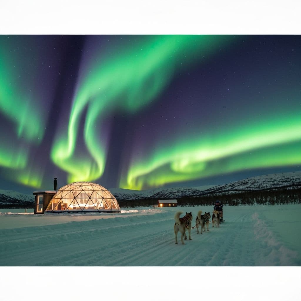 Aurora boreale verde sopra un paesaggio innevato in Norvegia
